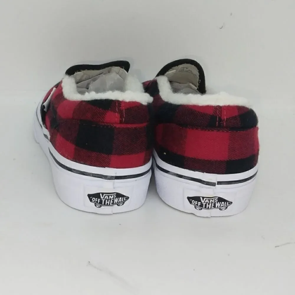 VANS Classic Slip-on Kids NEW w/Tags Red/Black Plaid Sherpa Sneakers - sz. 1 1/2